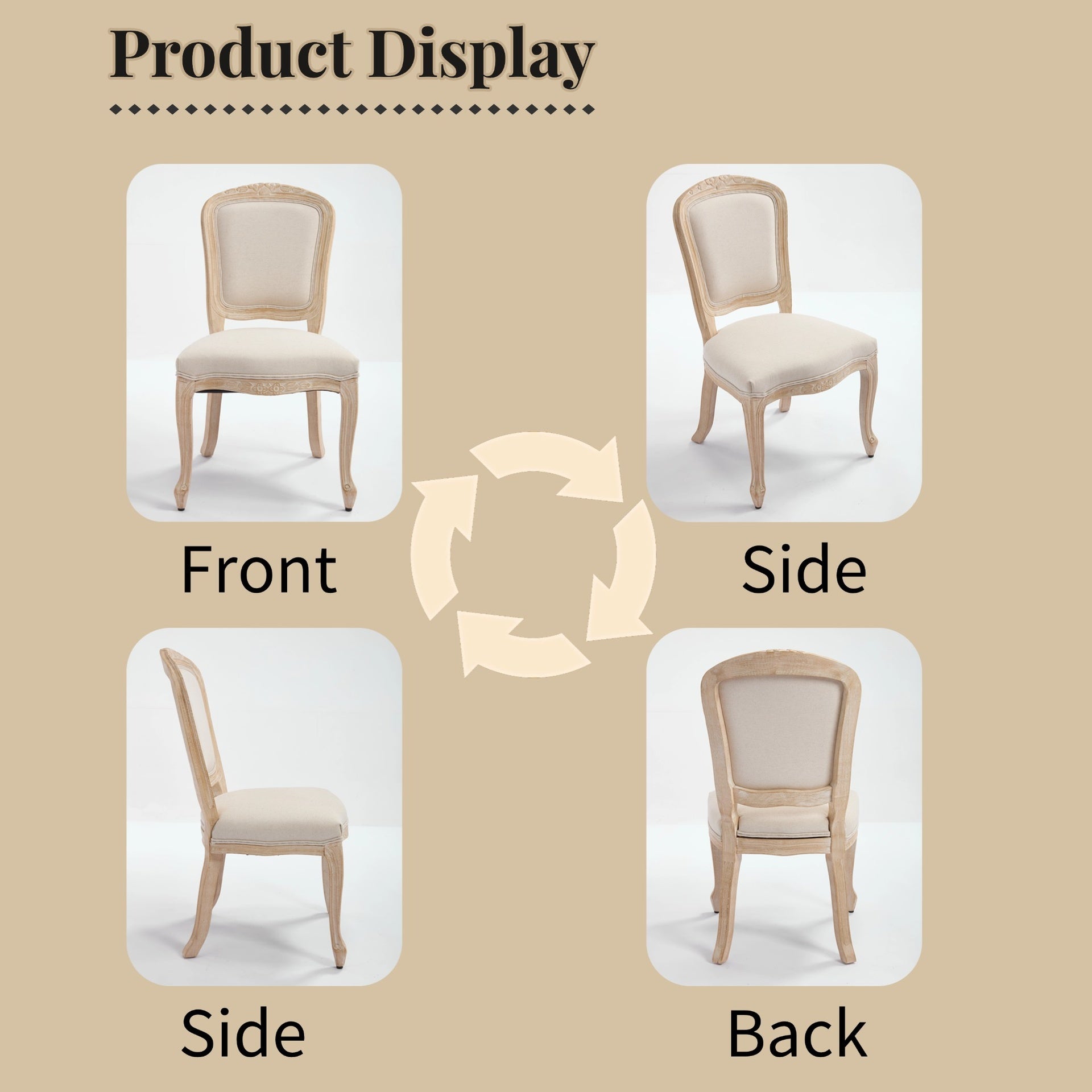 French Country Dining Chairs Set of 2, Upholstered  Chairs with  Fan-shaped Back, Wire drawing and carving techniques ,Disassemblable ,  for Living Room, Kitchen , Restaurant Use, Beige