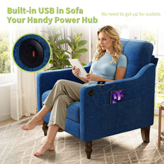 Accent Comfy Chenille Chair w/USB charging port,Mid+,Soft+,High-support Rebound Sponge,Ergonomic Wide Backrest,Retro Wooden Legs, Comfy Upholstered Arm Chair w/Side Storage for Living Room Bedroom.