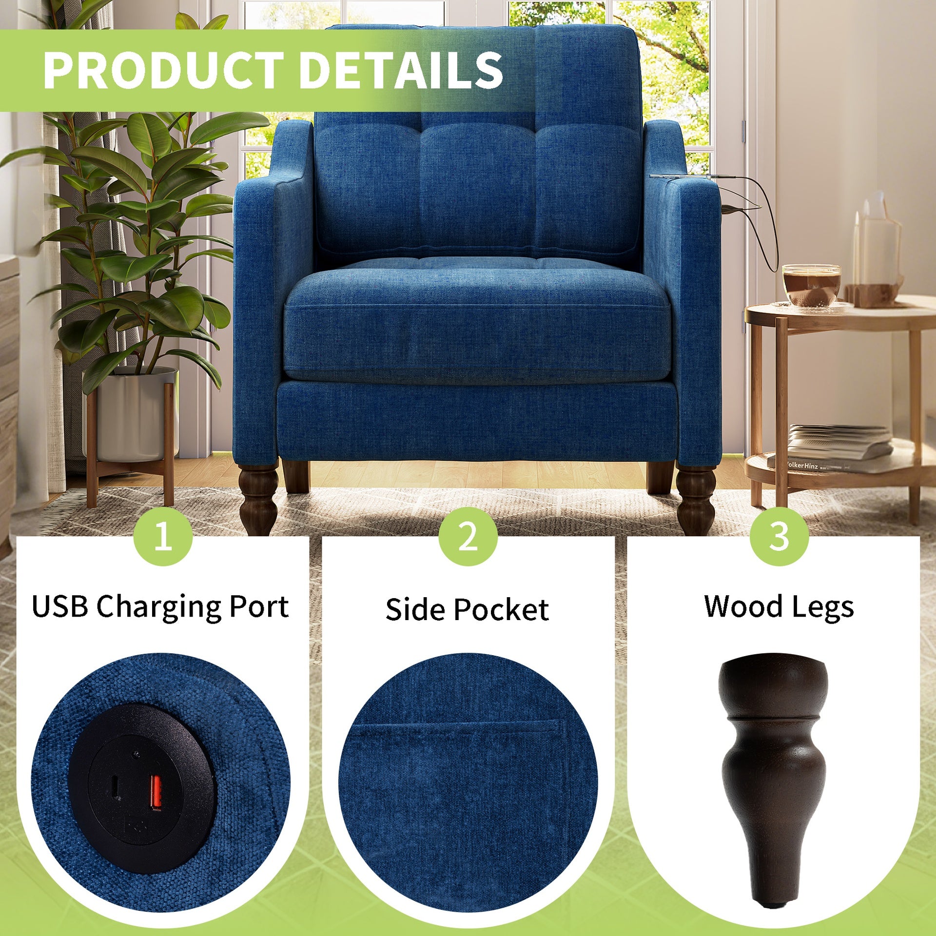 Accent Comfy Chenille Chair w/USB charging port,Mid+,Soft+,High-support Rebound Sponge,Ergonomic Wide Backrest,Retro Wooden Legs, Comfy Upholstered Arm Chair w/Side Storage for Living Room Bedroom.