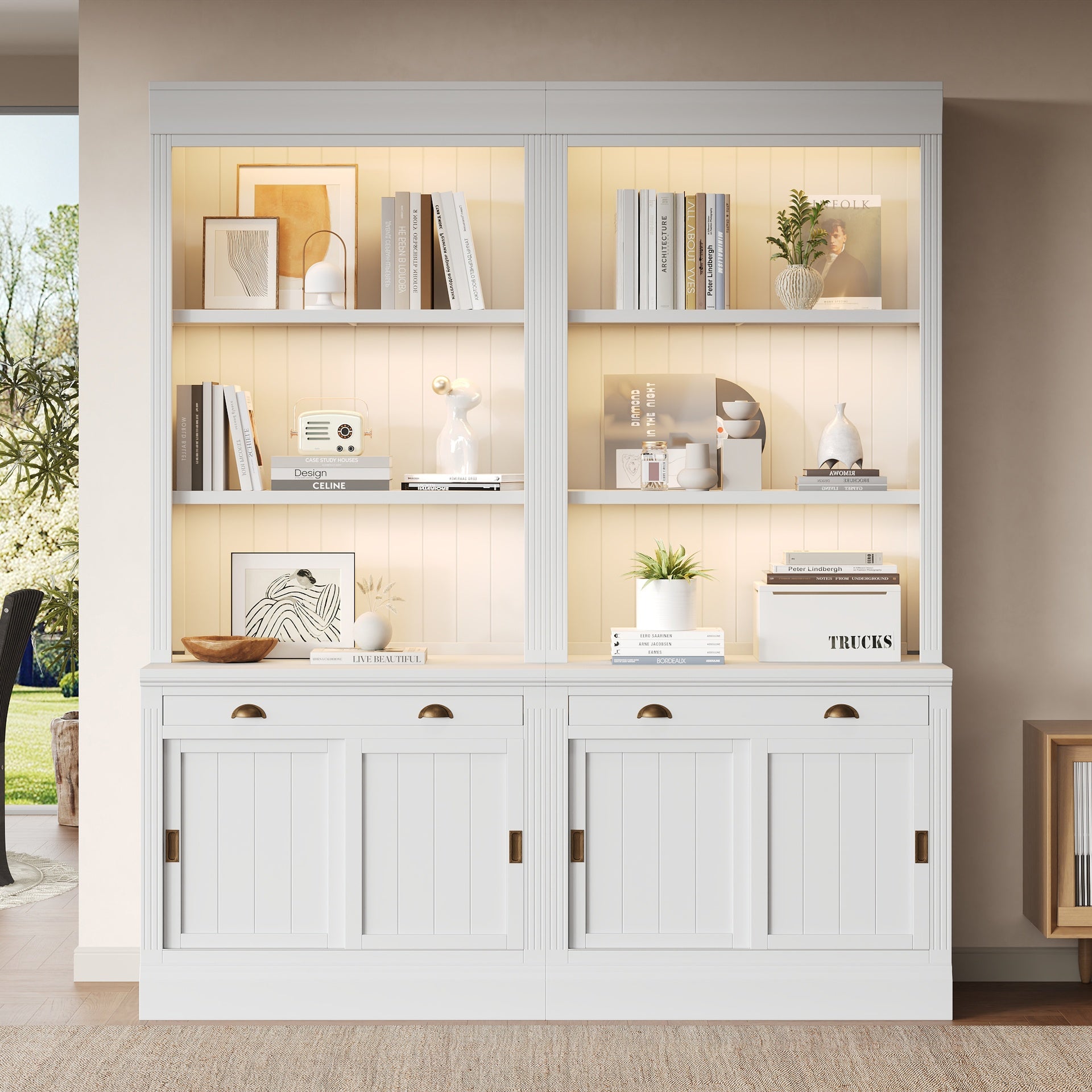 83.4"Tall Bookshelf Suite with LED Lighting, Modern Bookcase Suite with Sliding Doors,Drawers and Open Shelves,Storage Bookshelf for Living Room,Home Office,White