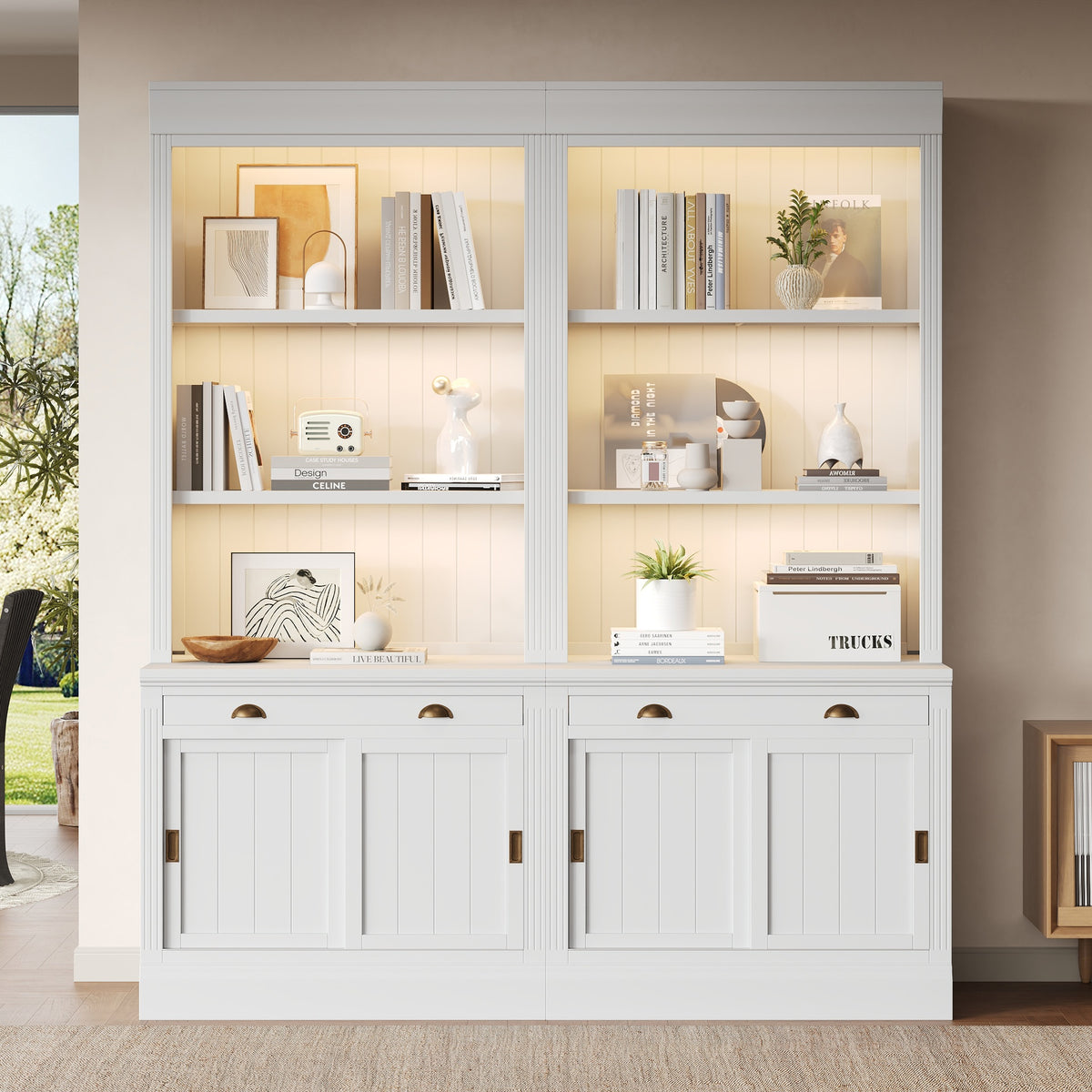 83.4"Tall Bookshelf Suite with LED Lighting, Modern Bookcase Suite with Sliding Doors,Drawers and Open Shelves,Storage Bookshelf for Living Room,Home Office,White