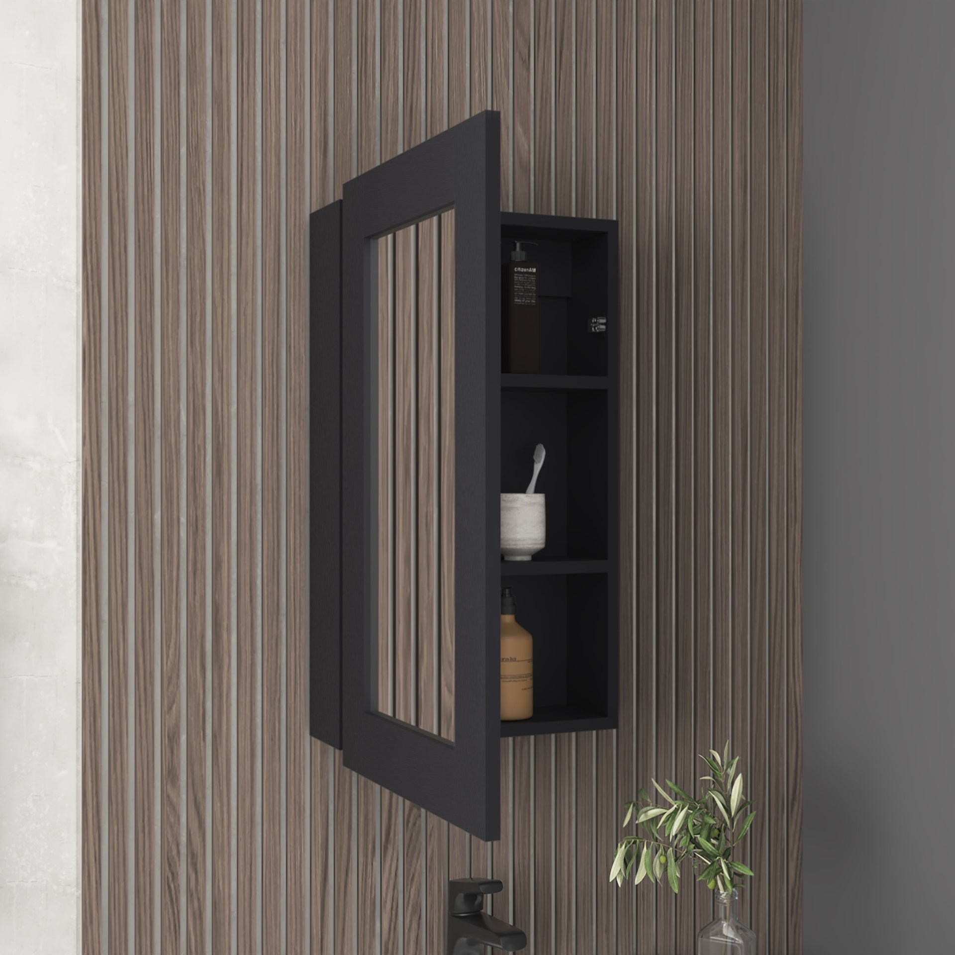 Juno 25.7" H x 15.7" W Narrow  Mirror Medicine Cabinet, One door with Three interior Shelves for Bathroom, Kitchen Black
