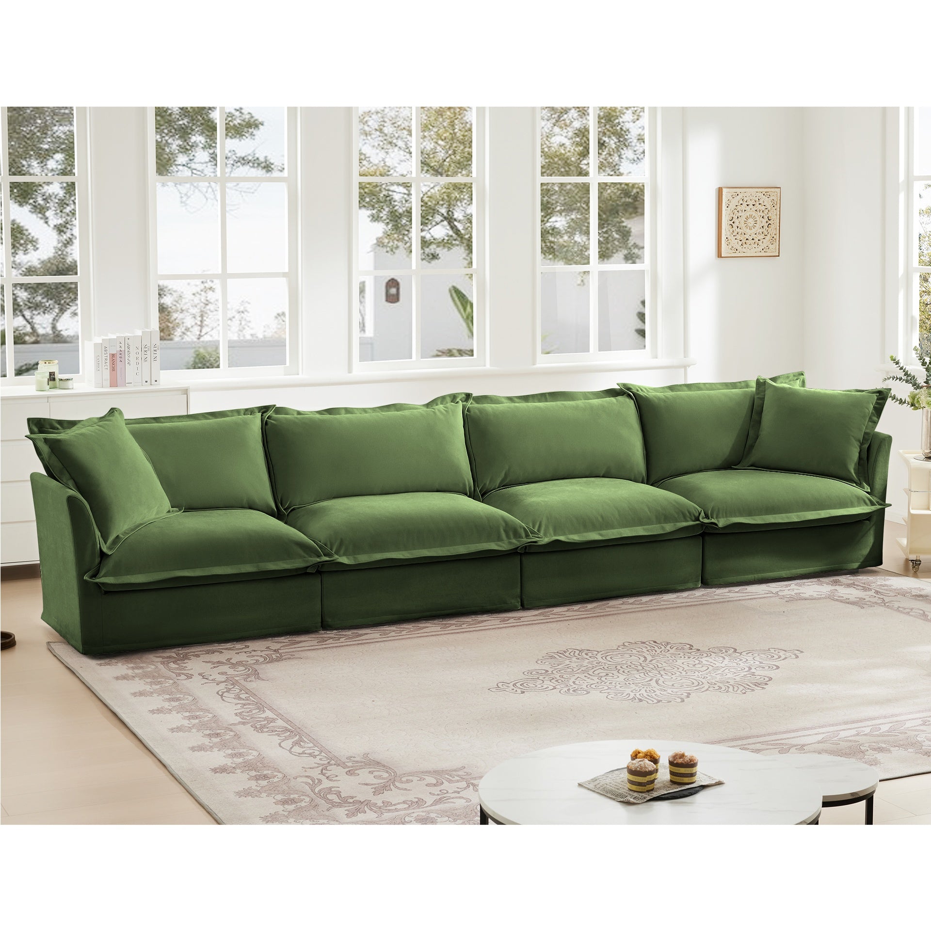 Slipcovered Long Sofa, 4 Seater Sofa with Removable Cover, Extra Deep Couch for Living Room, ,Chenille Fabric Cloud Like Comfy Sofa Couch, Green Chenille Fabric