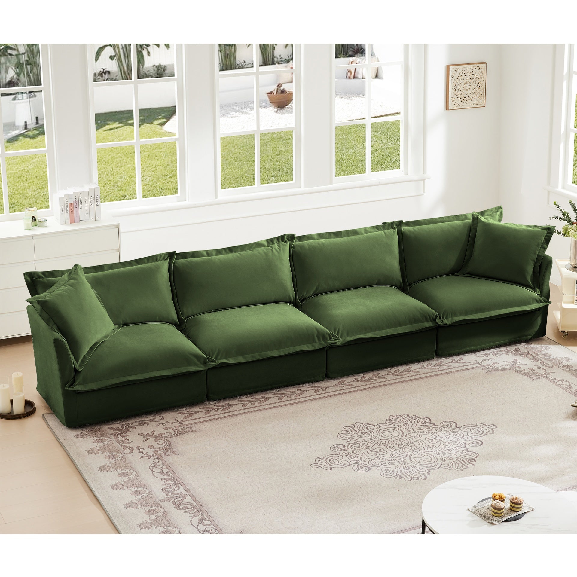 Slipcovered Long Sofa, 4 Seater Sofa with Removable Cover, Extra Deep Couch for Living Room, ,Chenille Fabric Cloud Like Comfy Sofa Couch, Green Chenille Fabric