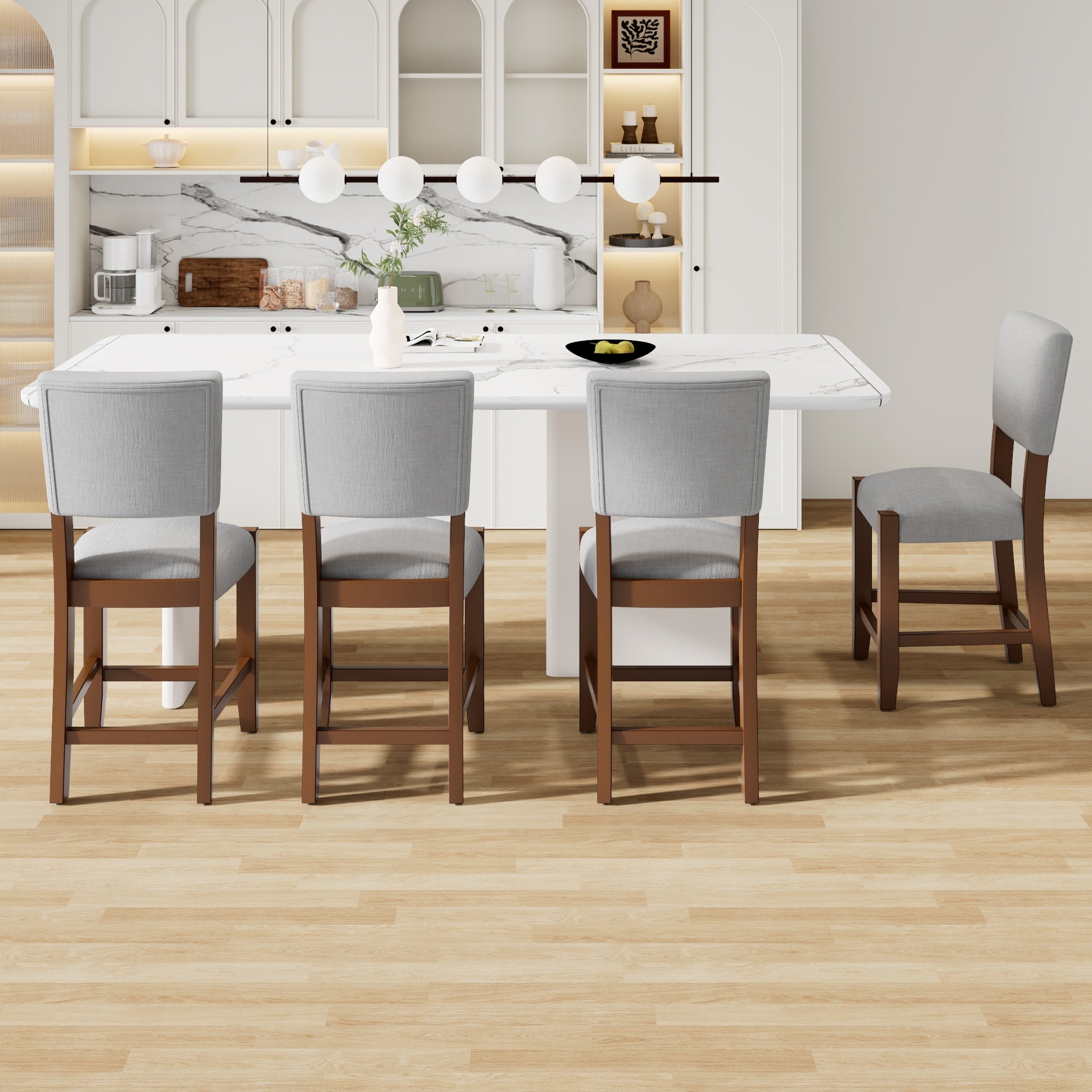 Mid Century Modern Bar Stools Set of 4, 40.4" Counter Stools with Back, Linen Upholstered Barstools with Solid Wood Legs Bar Chairs for Kitchen Island Dining Room, Grey (4-Piece Chairs)