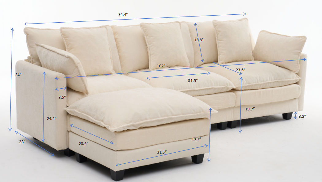 Beige color  3-seat combo sofa with storage ottoman for living room apartment bedroom and compact room, Upholstered sectional Couch, L Shaped Bench with a footrest