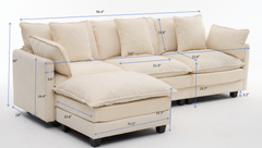 Beige color  3-seat combo sofa with storage ottoman for living room apartment bedroom and compact room, Upholstered sectional Couch, L Shaped Bench with a footrest