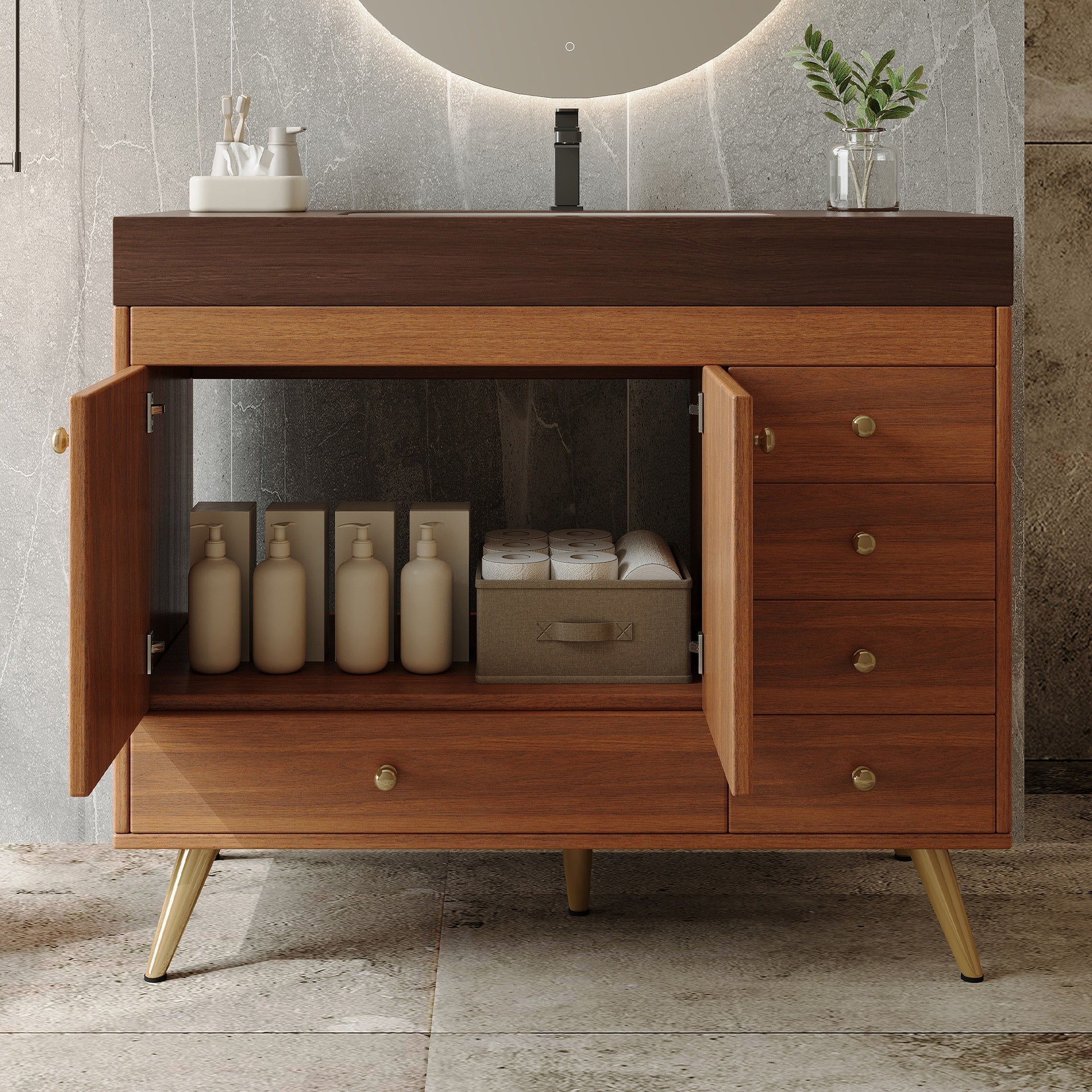 36" Freestanding Bathroom Vanity with Faux Marble Top, Ceramic Sink, 5 Drawers & Stainless Steel Legs