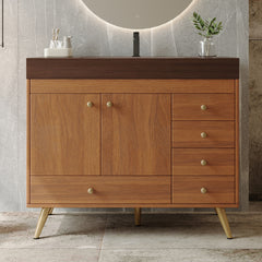 36" Freestanding Bathroom Vanity with Faux Marble Top, Ceramic Sink, 5 Drawers & Stainless Steel Legs