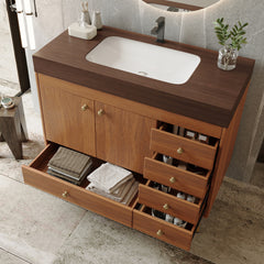 36" Freestanding Bathroom Vanity with Faux Marble Top, Ceramic Sink, 5 Drawers & Stainless Steel Legs