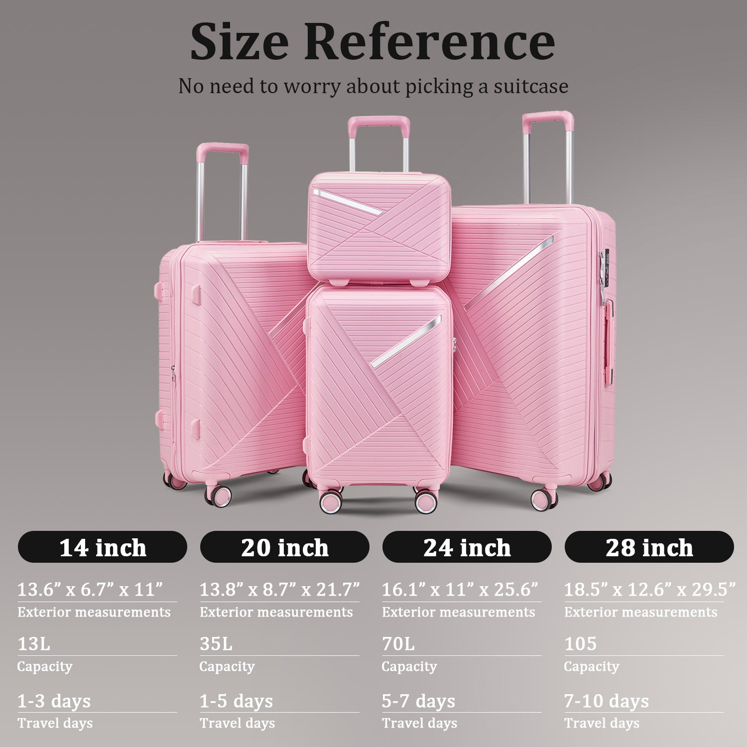 Luggage Sets 4 Piece(14/20/24/28), Expandable Lightweight Suitcase with 4 Double 360 Degrees Mute Spinner Wheels PP Materials Durable TSA Lock Travel Luggage