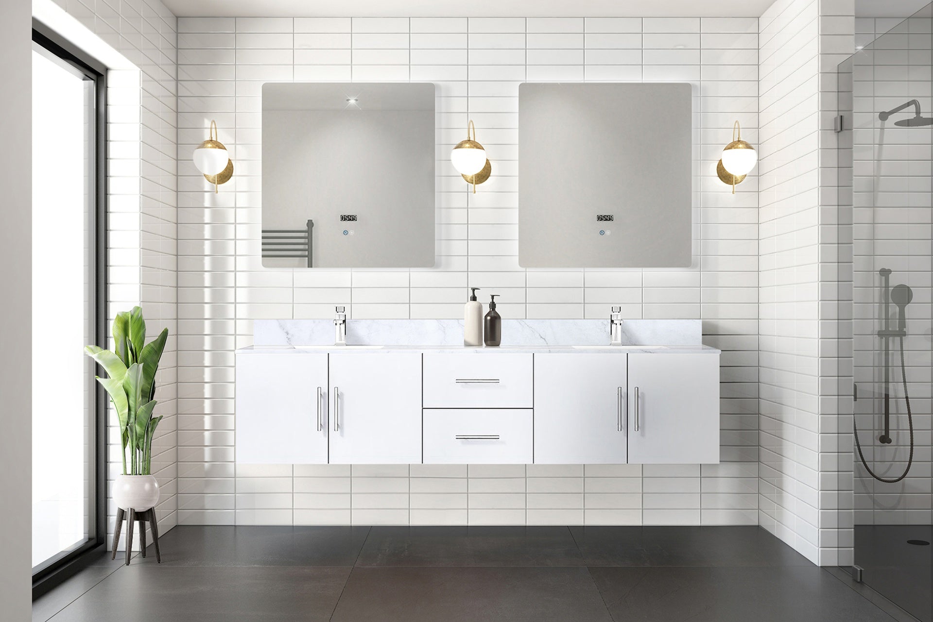 Glossy White Double Bath Vanity 80 in. W x 22 in. D, with Carrara Marble Top
