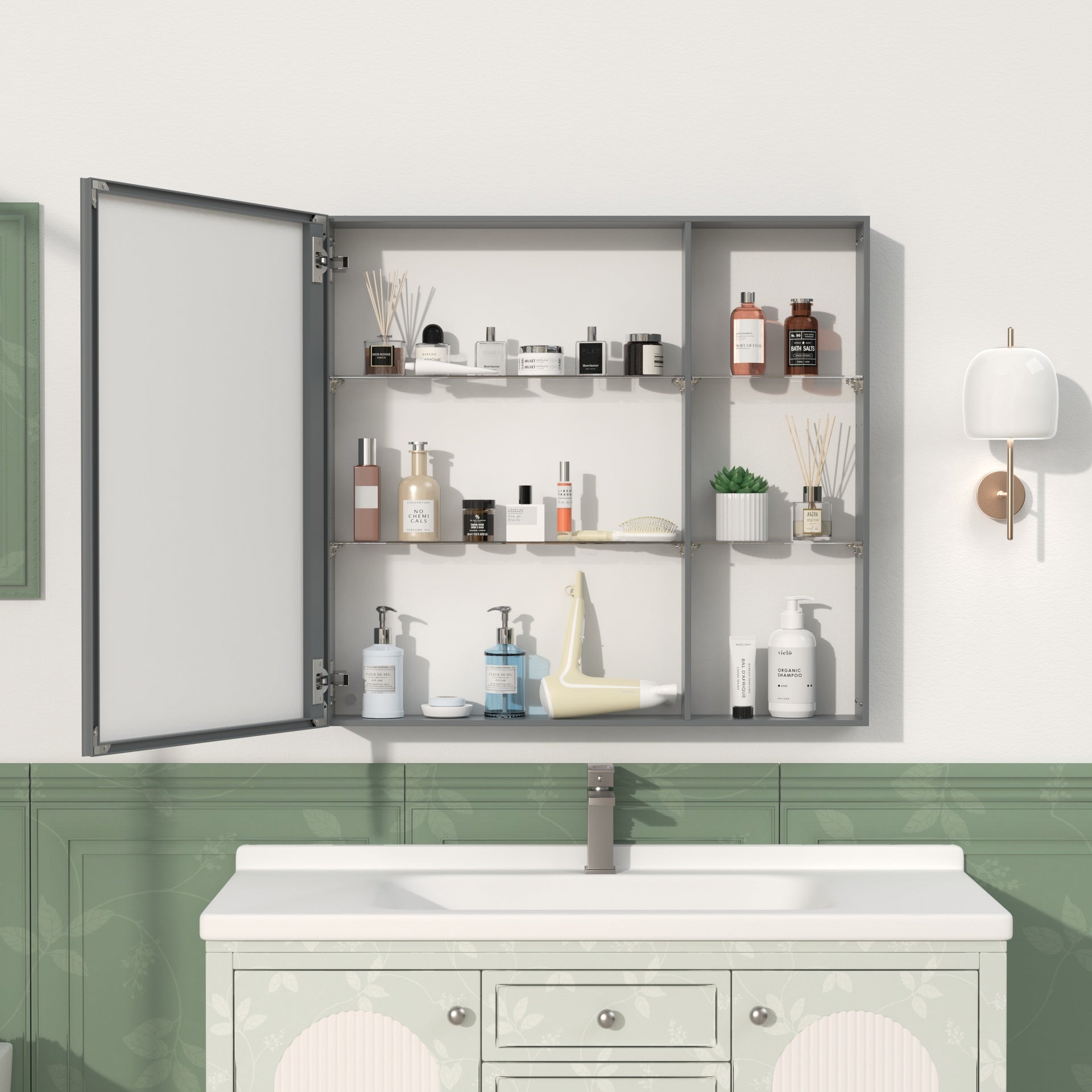 30'' x 28'' Medicine Cabinet with Mirror for Bathroom, Wall Mounted Bathroom Mirror with Storage, Adjustable Shelves, Aluminum Framework, Surface Mount Black Brown