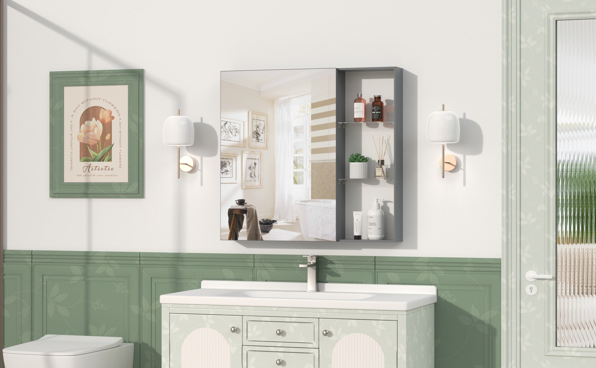 30'' x 28'' Medicine Cabinet with Mirror for Bathroom, Wall Mounted Bathroom Mirror with Storage, Adjustable Shelves, Aluminum Framework, Surface Mount Black Brown