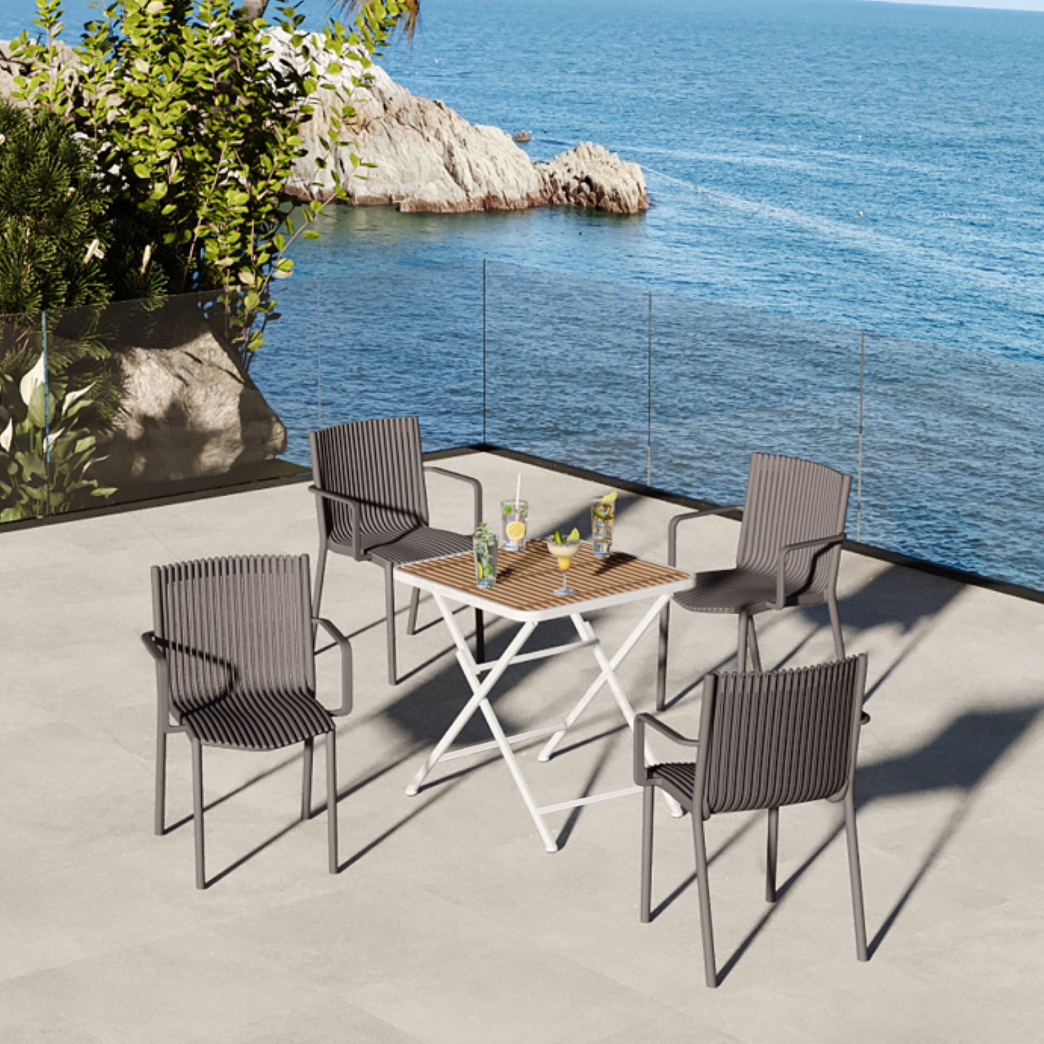 Holiday- 4pcs Warm Grey Stackable PP Armchair for Indoor/Outdoor Use -Ergonomic Slatted Back with Modern folding indoor/outdoor multi-functional square table- PP tabletop with metal legs(White, khaki)