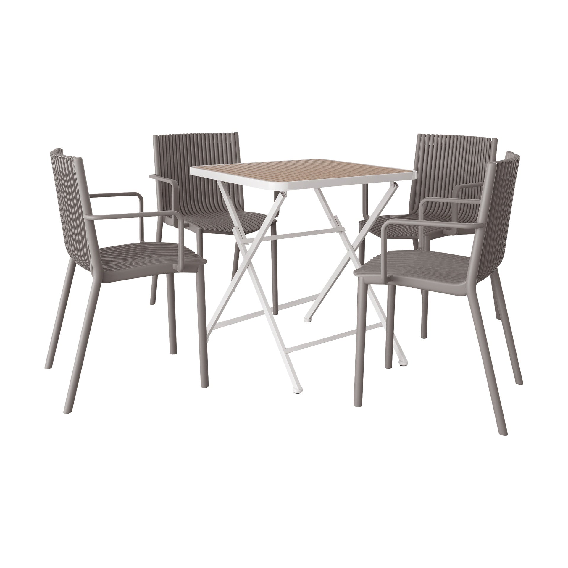Holiday- 4pcs Warm Grey Stackable PP Armchair for Indoor/Outdoor Use -Ergonomic Slatted Back with Modern folding indoor/outdoor multi-functional square table- PP tabletop with metal legs(White, khaki)
