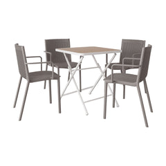 Holiday- 4pcs Warm Grey Stackable PP Armchair for Indoor/Outdoor Use -Ergonomic Slatted Back with Modern folding indoor/outdoor multi-functional square table- PP tabletop with metal legs(White, khaki)