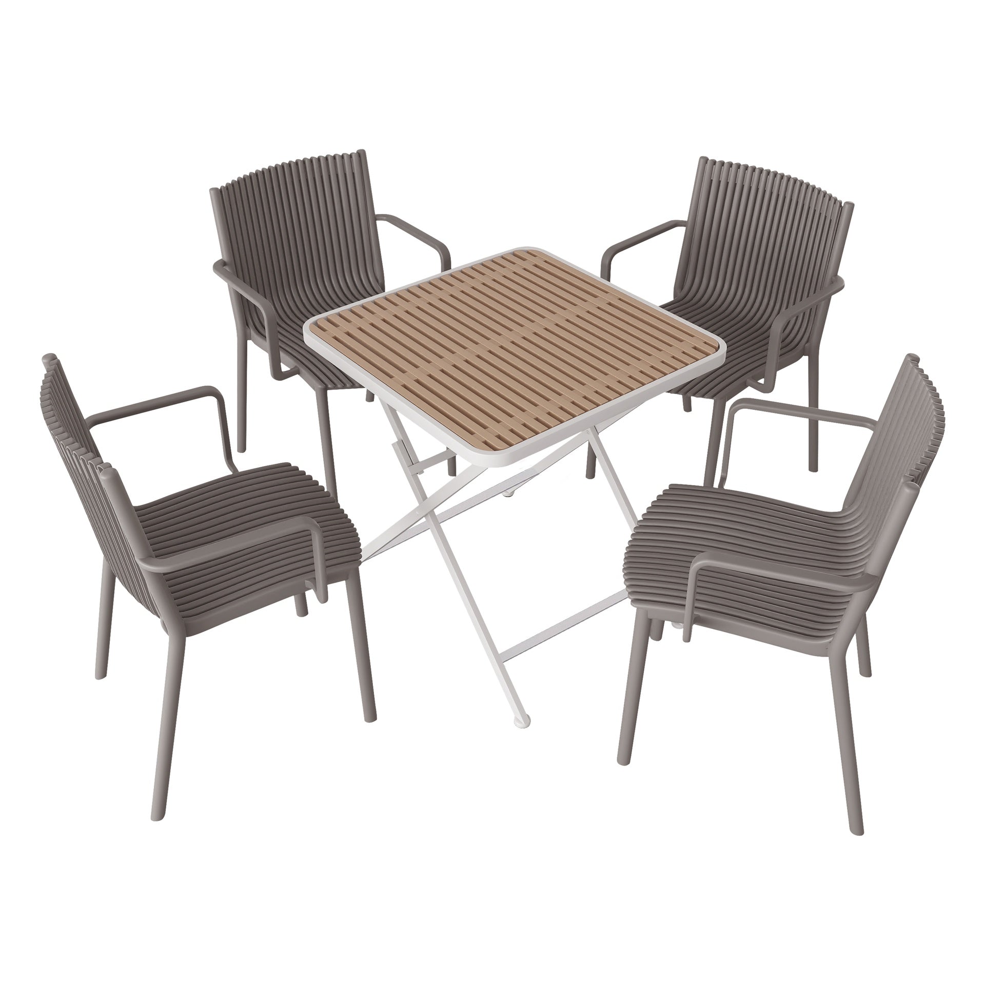 Holiday- 4pcs Warm Grey Stackable PP Armchair for Indoor/Outdoor Use -Ergonomic Slatted Back with Modern folding indoor/outdoor multi-functional square table- PP tabletop with metal legs(White, khaki)