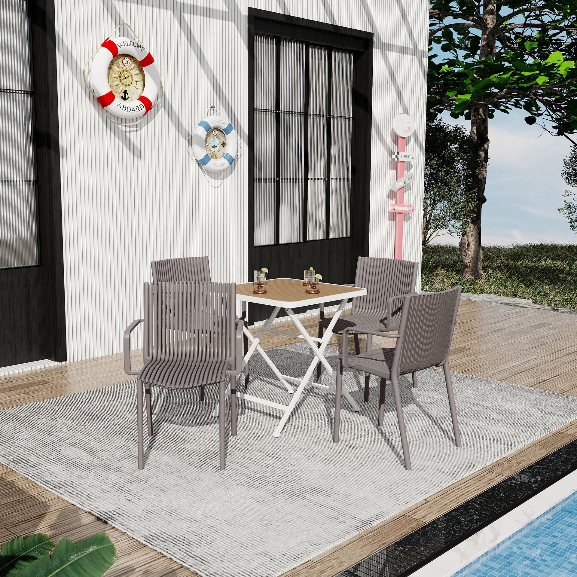Holiday- 4pcs Warm Grey Stackable PP Armchair for Indoor/Outdoor Use -Ergonomic Slatted Back with Modern folding indoor/outdoor multi-functional square table- PP tabletop with metal legs(White, khaki)