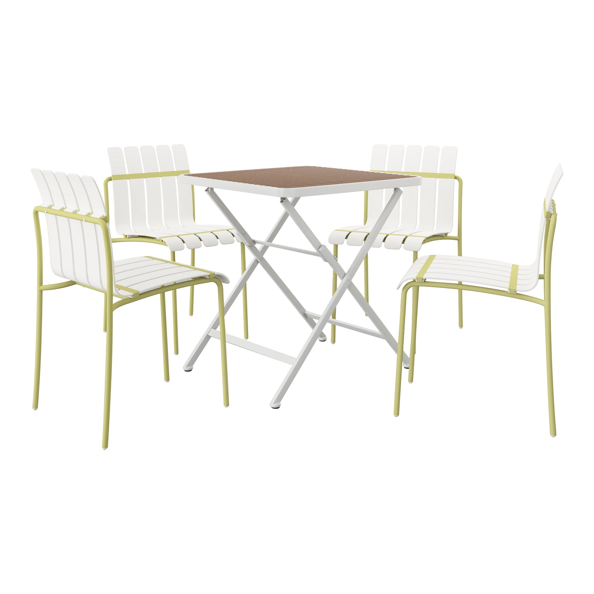 Holiday - 4-Pack Modern Striped Color Block Chairs - Waterproof PP Seat & Sturdy Metal Legs(White & Yellow)with Modern folding indoor/outdoor square table- PP tabletop with metal legs(White, khaki)