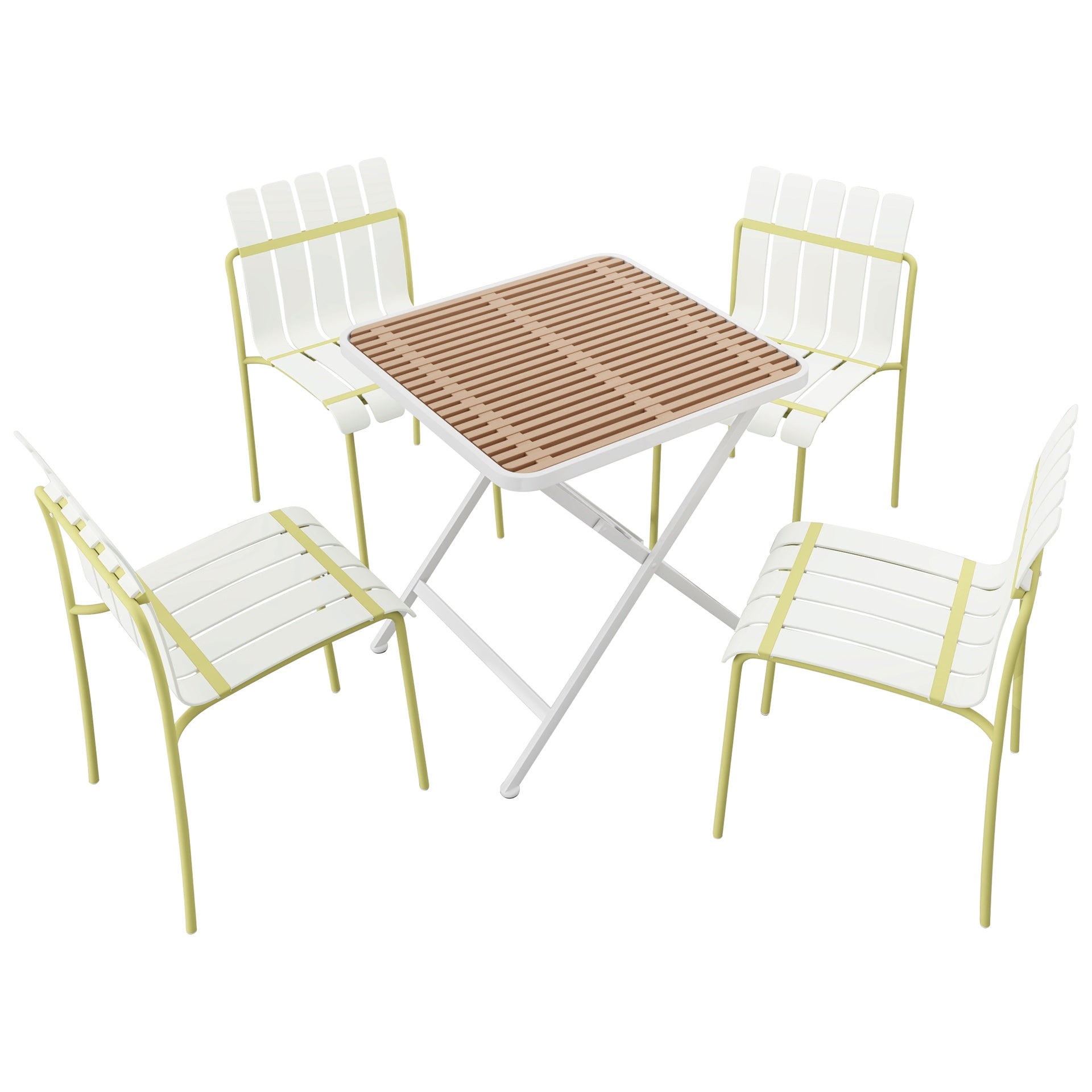 Holiday - 4-Pack Modern Striped Color Block Chairs - Waterproof PP Seat & Sturdy Metal Legs(White & Yellow)with Modern folding indoor/outdoor square table- PP tabletop with metal legs(White, khaki)