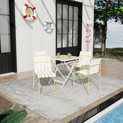 Holiday - 4-Pack Modern Striped Color Block Chairs - Waterproof PP Seat & Sturdy Metal Legs(White & Yellow)with Modern folding indoor/outdoor square table- PP tabletop with metal legs(White, khaki)