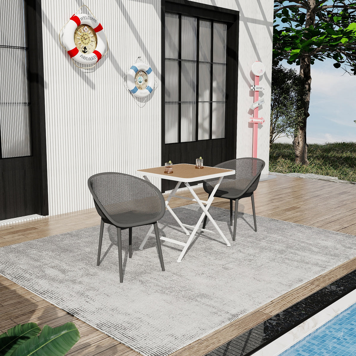 Holiday - 2-Pack Warm Grey Modern Lounge Chairs – Indoor/Outdoor All-Weather PP Plastic with Modern folding indoor/outdoor  multi-functional square table- PP tabletop with metal legs(White, khaki)