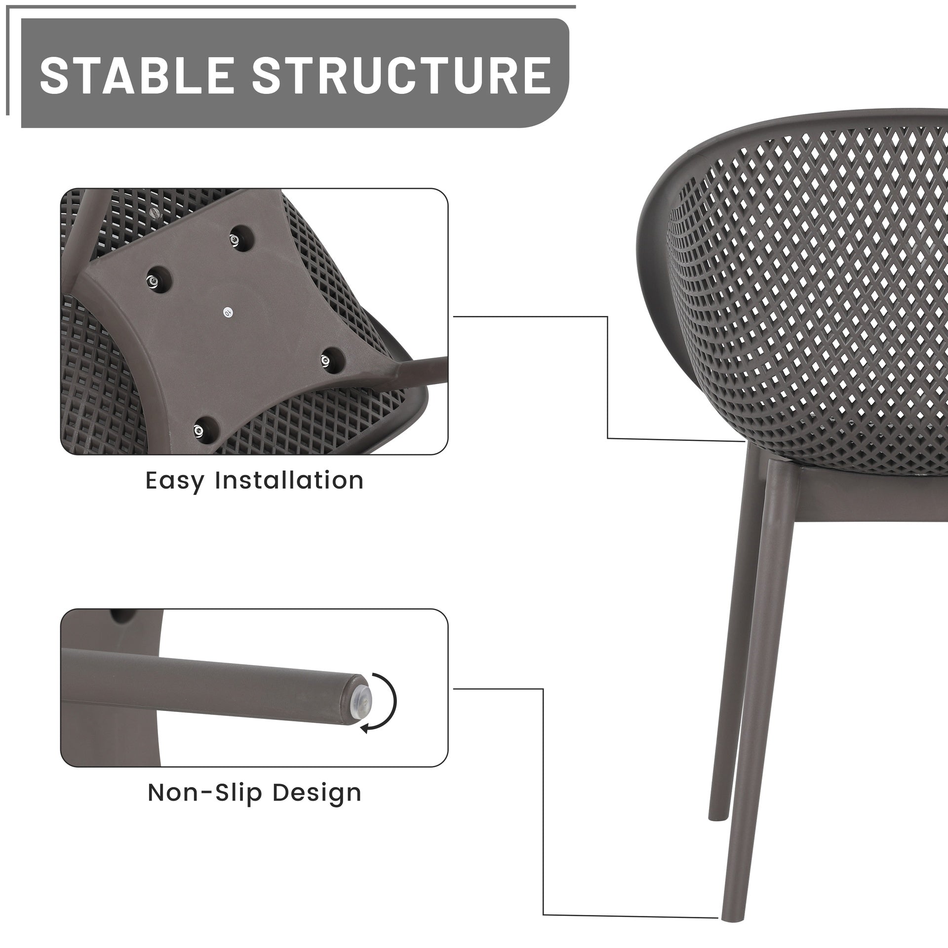 Holiday - 2-Pack Warm Grey Modern Lounge Chairs – Indoor/Outdoor All-Weather PP Plastic with Modern folding indoor/outdoor  multi-functional square table- PP tabletop with metal legs(White, khaki)