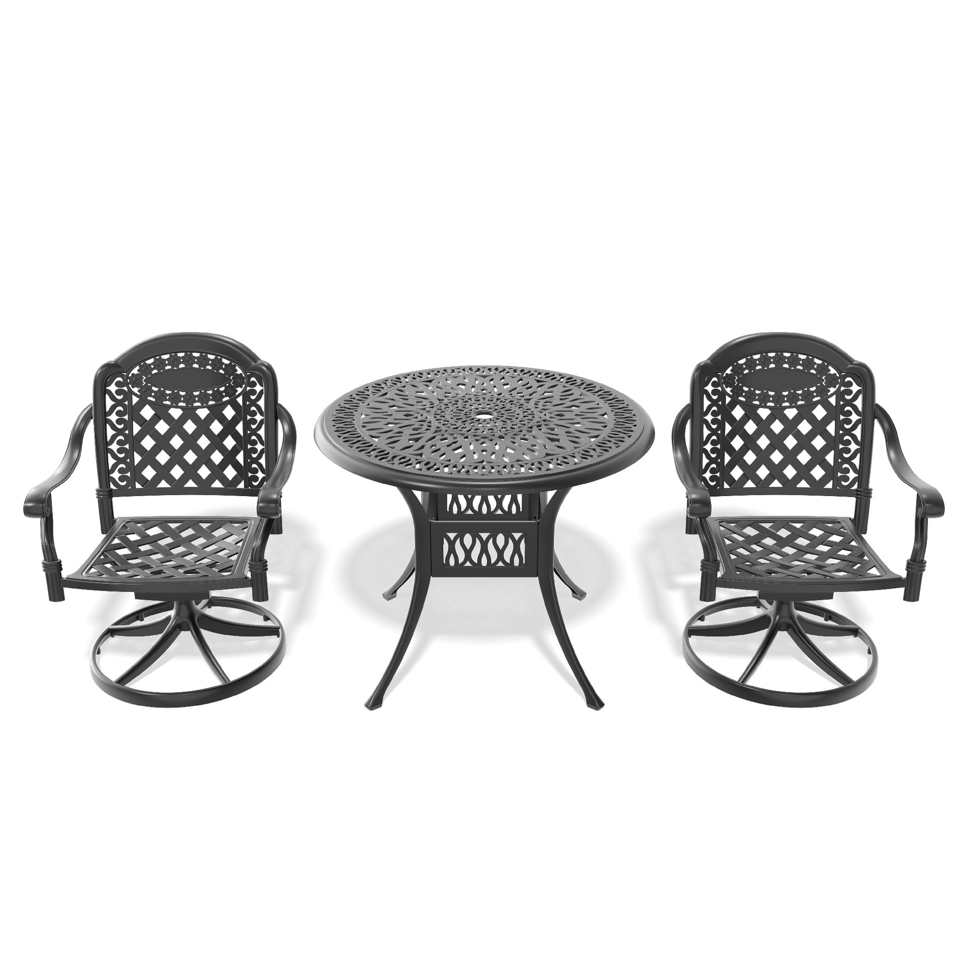 3-Piece All-Weather Cast Aluminum Dining Set, Include 2 Swivel Chairs and 35.43" Round Table With Black Frame