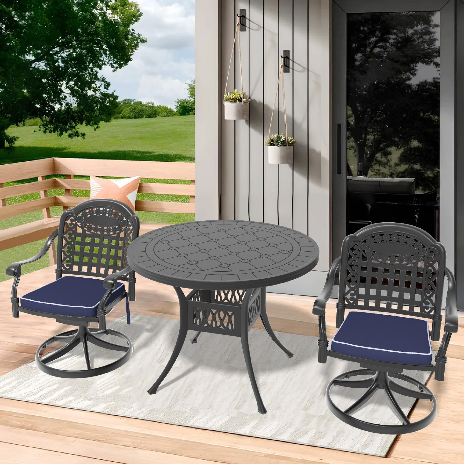 3-Piece All-Weather Cast Aluminum Dining Set, Include 2 Swivel Chairs and 39.37" Round Table With Black Frame