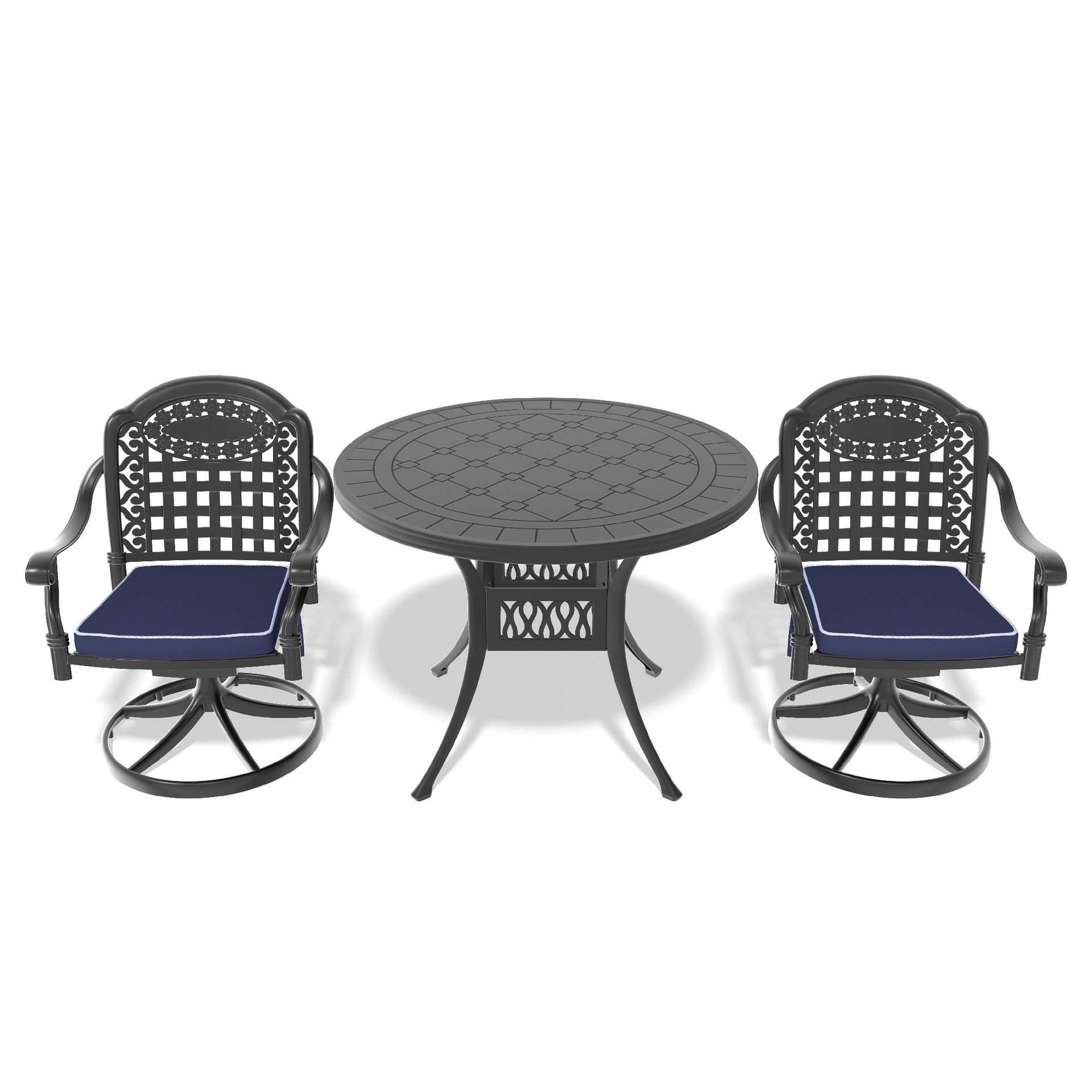 3-Piece All-Weather Cast Aluminum Dining Set, Include 2 Swivel Chairs and 39.37" Round Table With Black Frame