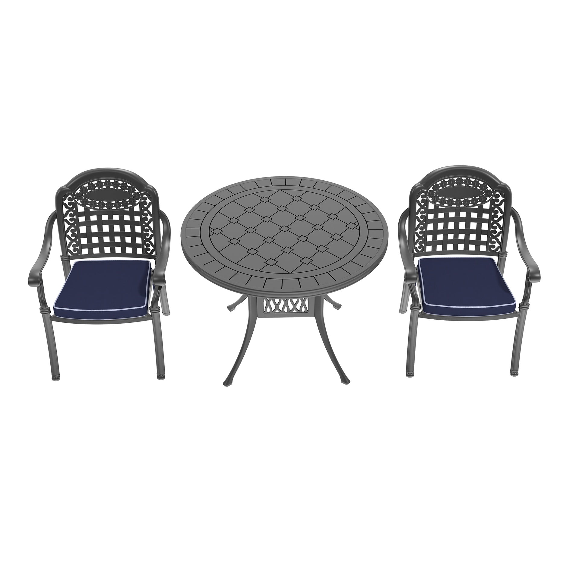 3-Piece Set Of Cast Aluminum Patio Furniture With Blue Cushions