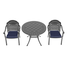 3-Piece Set Of Cast Aluminum Patio Furniture With Blue Cushions