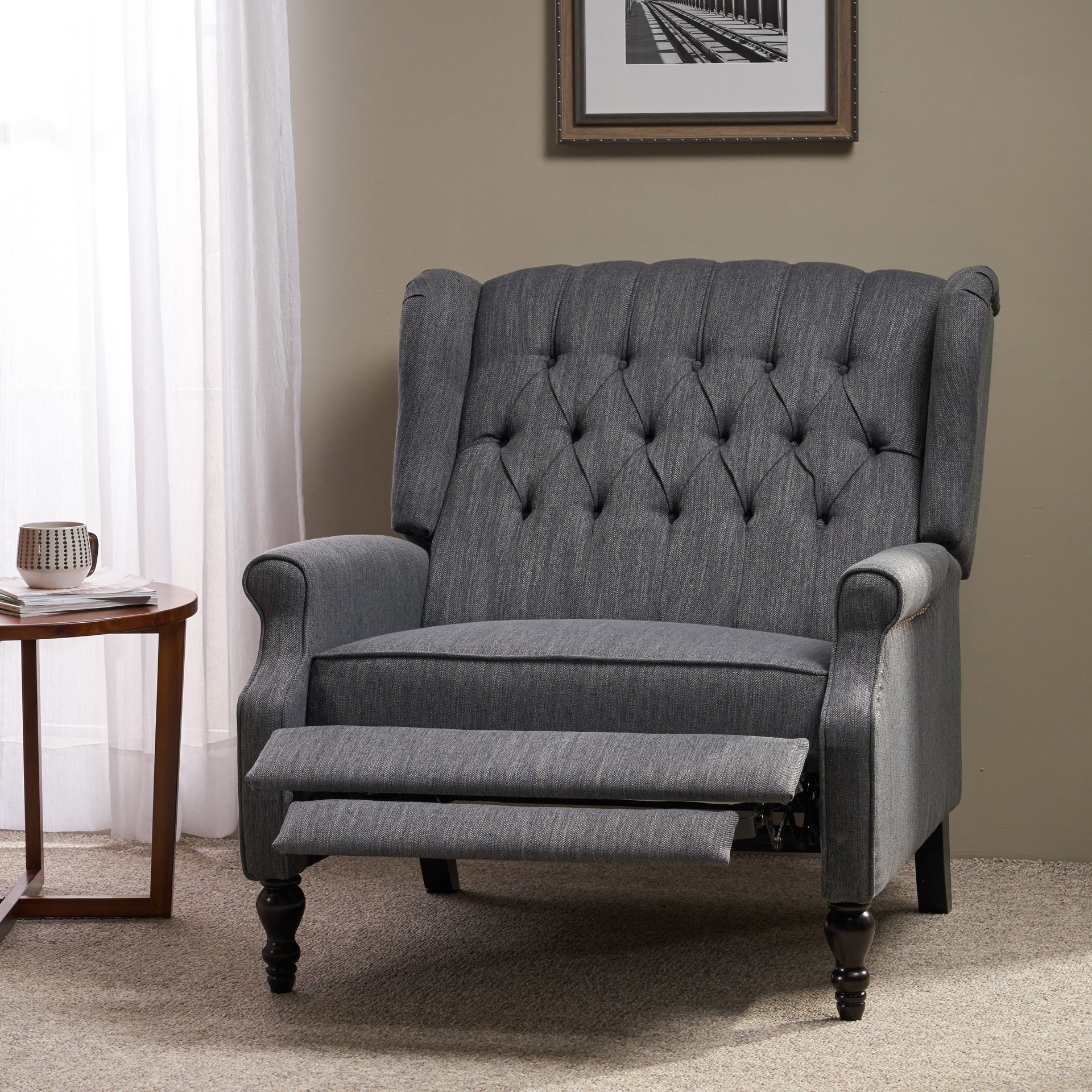 Oversized Tufted Wingback Fabric Push Back Recliner with Nailhead Trim and Button Tufted Diamond Stitch for Living Room, Bedroom