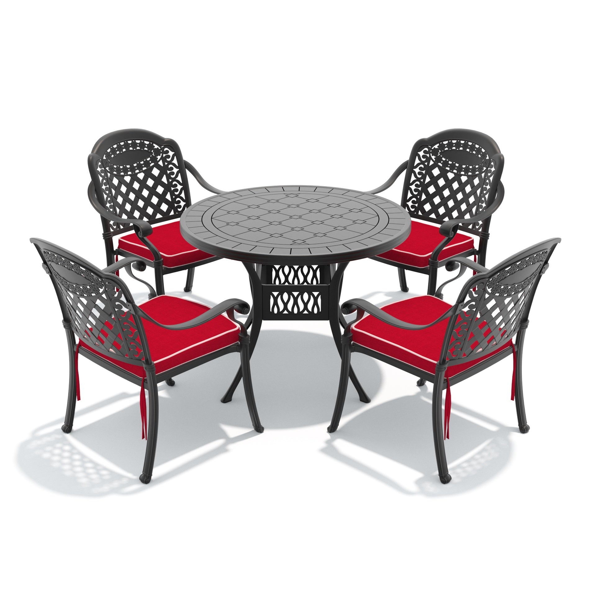 5-Piece Set Of Cast Aluminum Patio Furniture With Black Frame and Red Seat Cushions