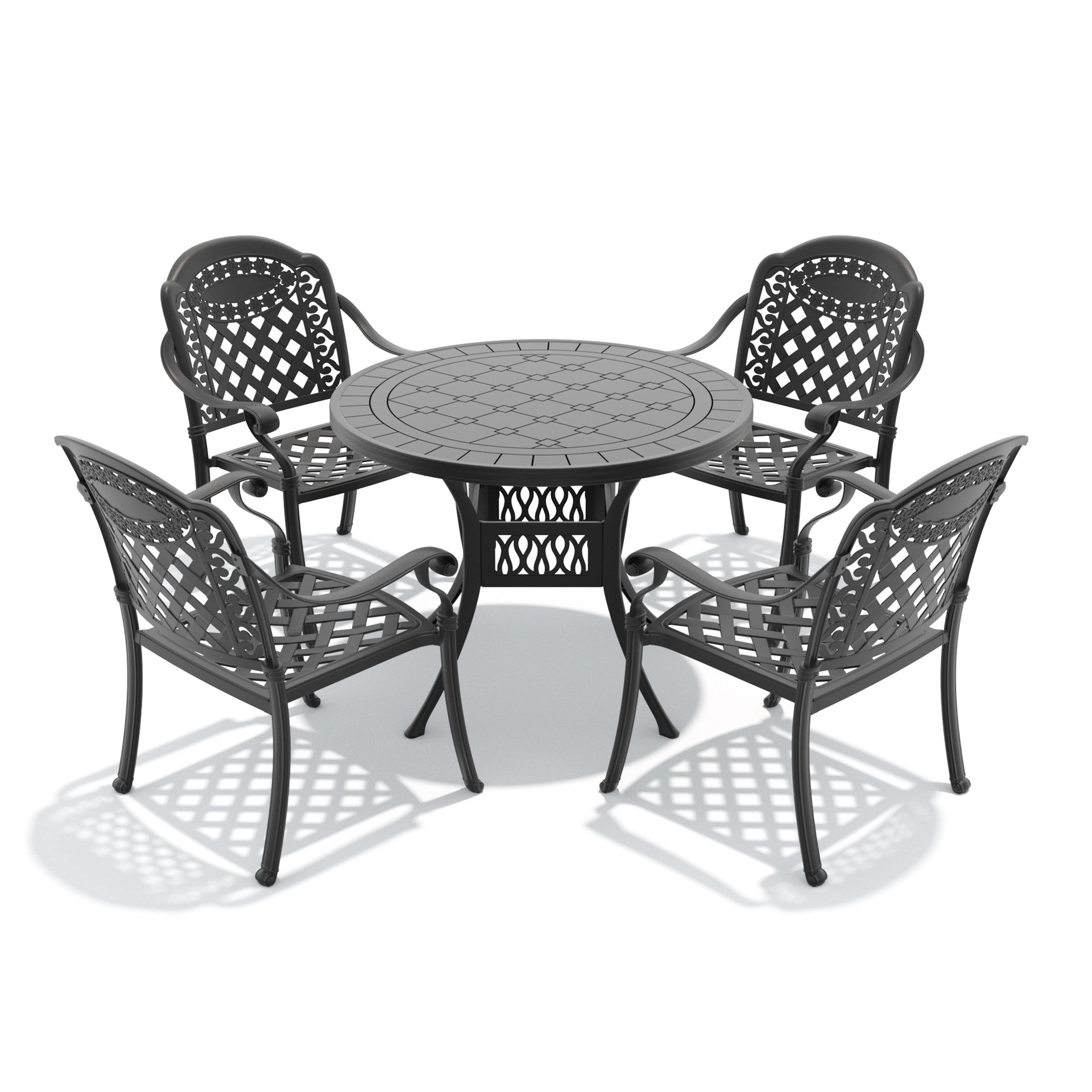 5-Piece Set Of Cast Aluminum Patio Furniture With Black Frame and Red Seat Cushions