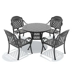 5-Piece Set Of Cast Aluminum Patio Furniture With Black Frame and Red Seat Cushions