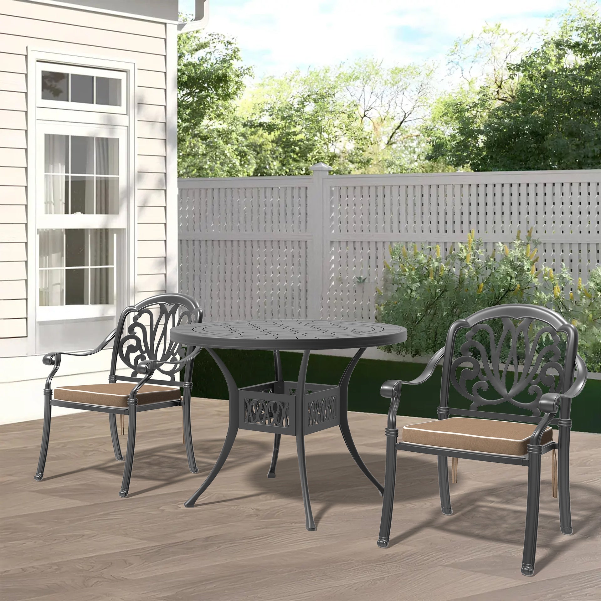 3-Piece Set Of Cast Aluminum Patio Furniture With Brown Cushions