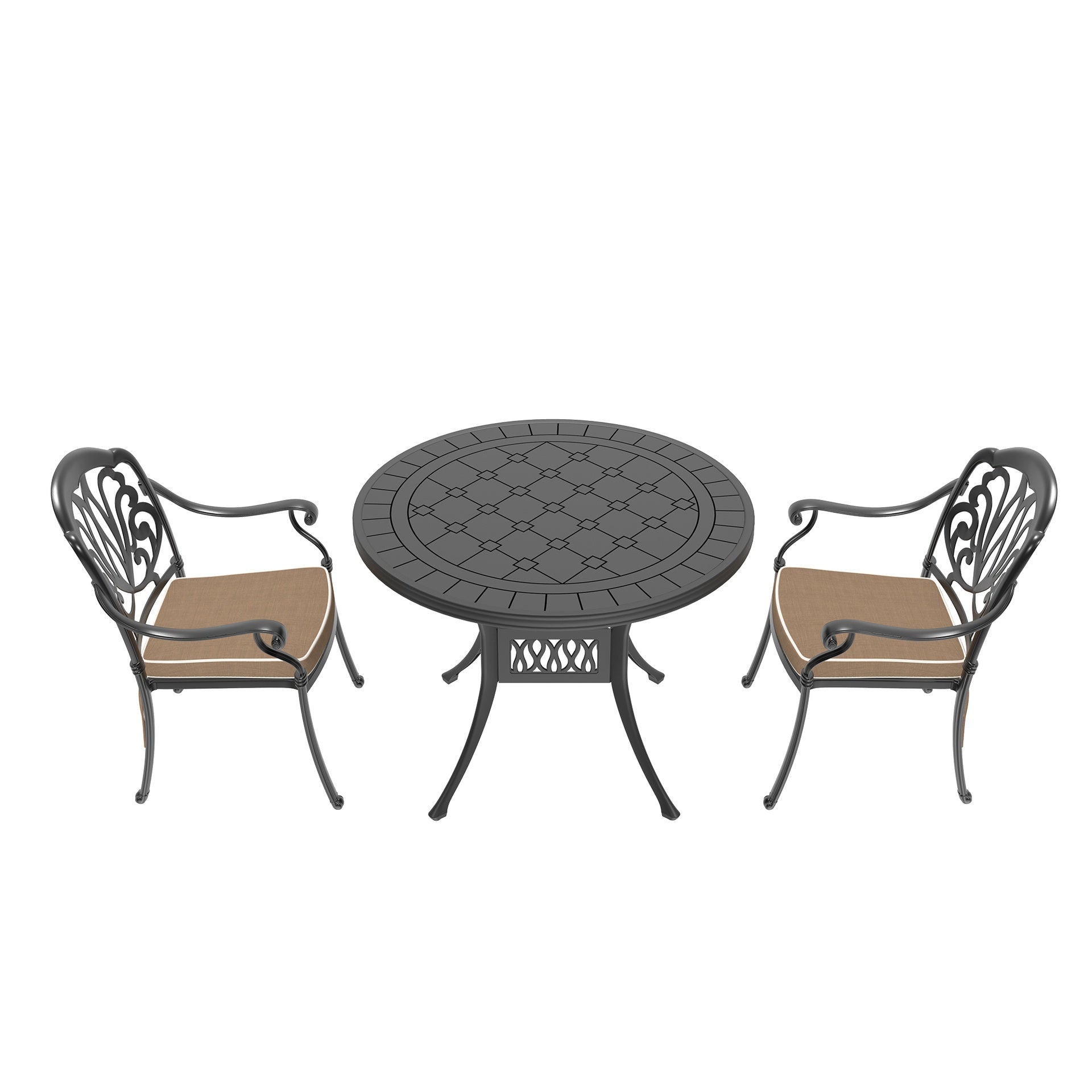 3-Piece Set Of Cast Aluminum Patio Furniture With Brown Cushions