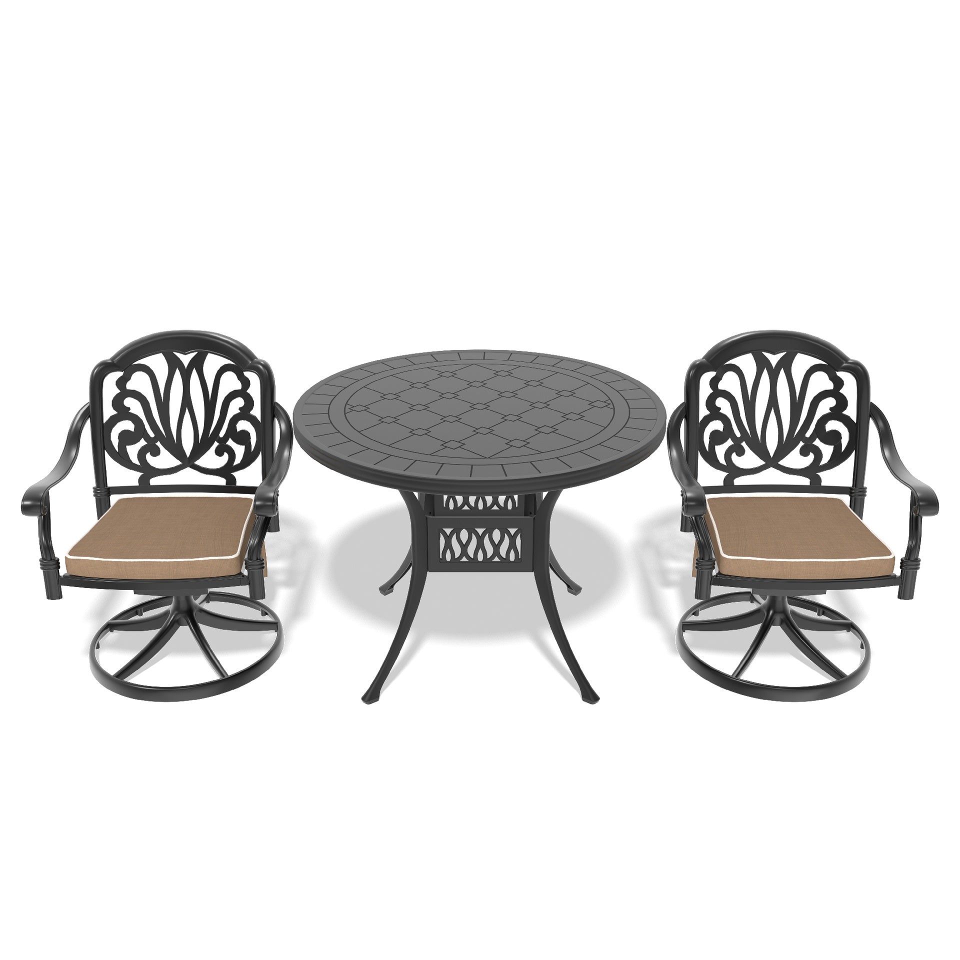 3-Piece All-Weather Cast Aluminum Dining Set, Include 2 Swivel Chairs and 39.37" Round Table With Black Frame