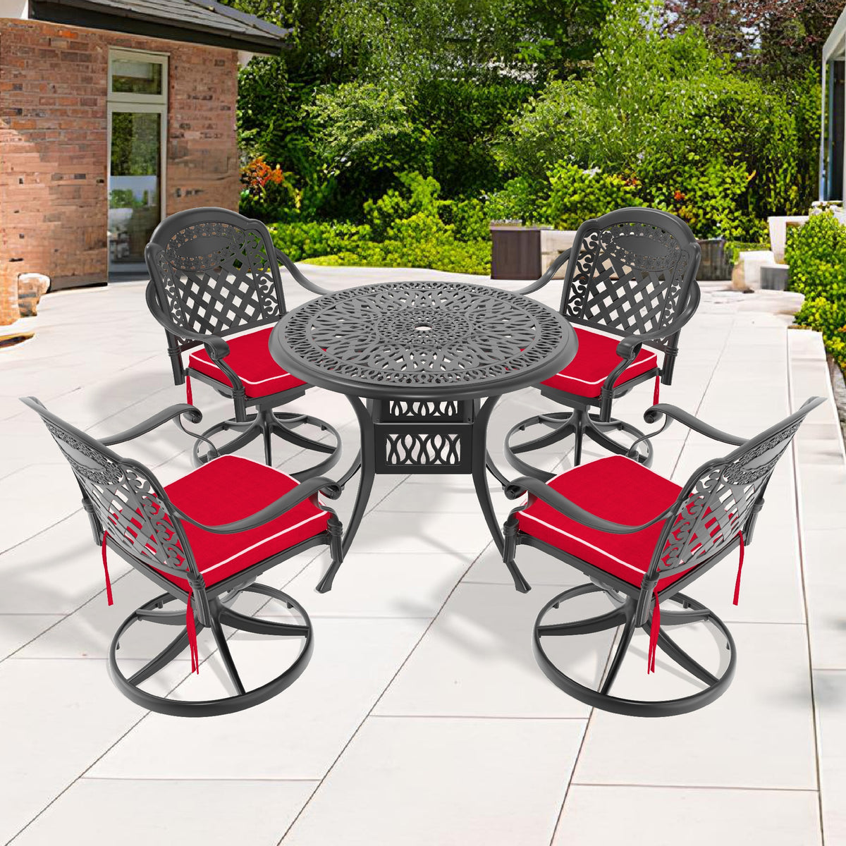 5-Piece All-Weather Cast Aluminum Dining Set, Include 4 Swivel Chairs and 35.43" Round Table With Black Frame (same sku: W1710S00434 )