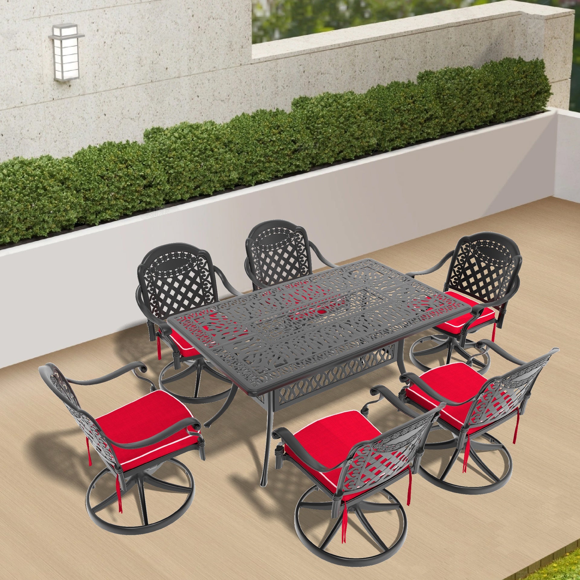7-Piece All-Weather Cast Aluminum Dining Set, Include 6 Swivel Chairs and Rectangular Table With Black Frame (same sku:W1710S00454)