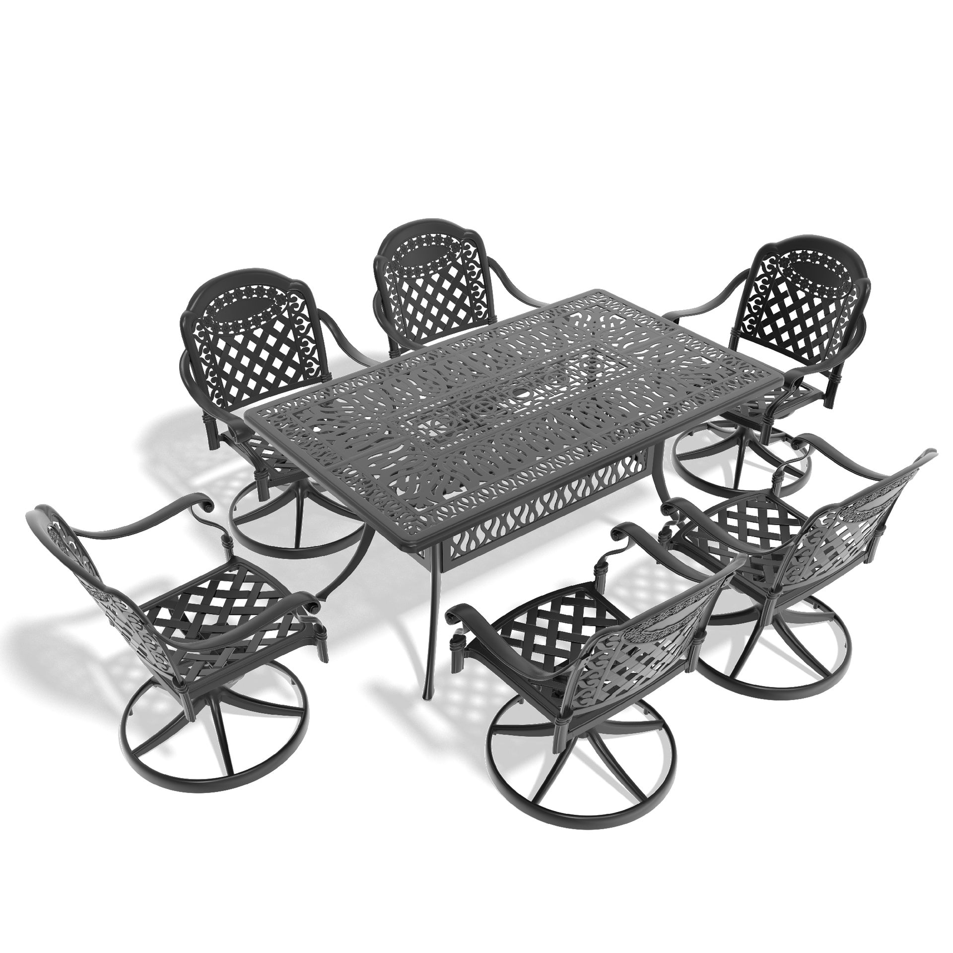 7-Piece All-Weather Cast Aluminum Dining Set, Include 6 Swivel Chairs and Rectangular Table With Black Frame (same sku:W1710S00454)
