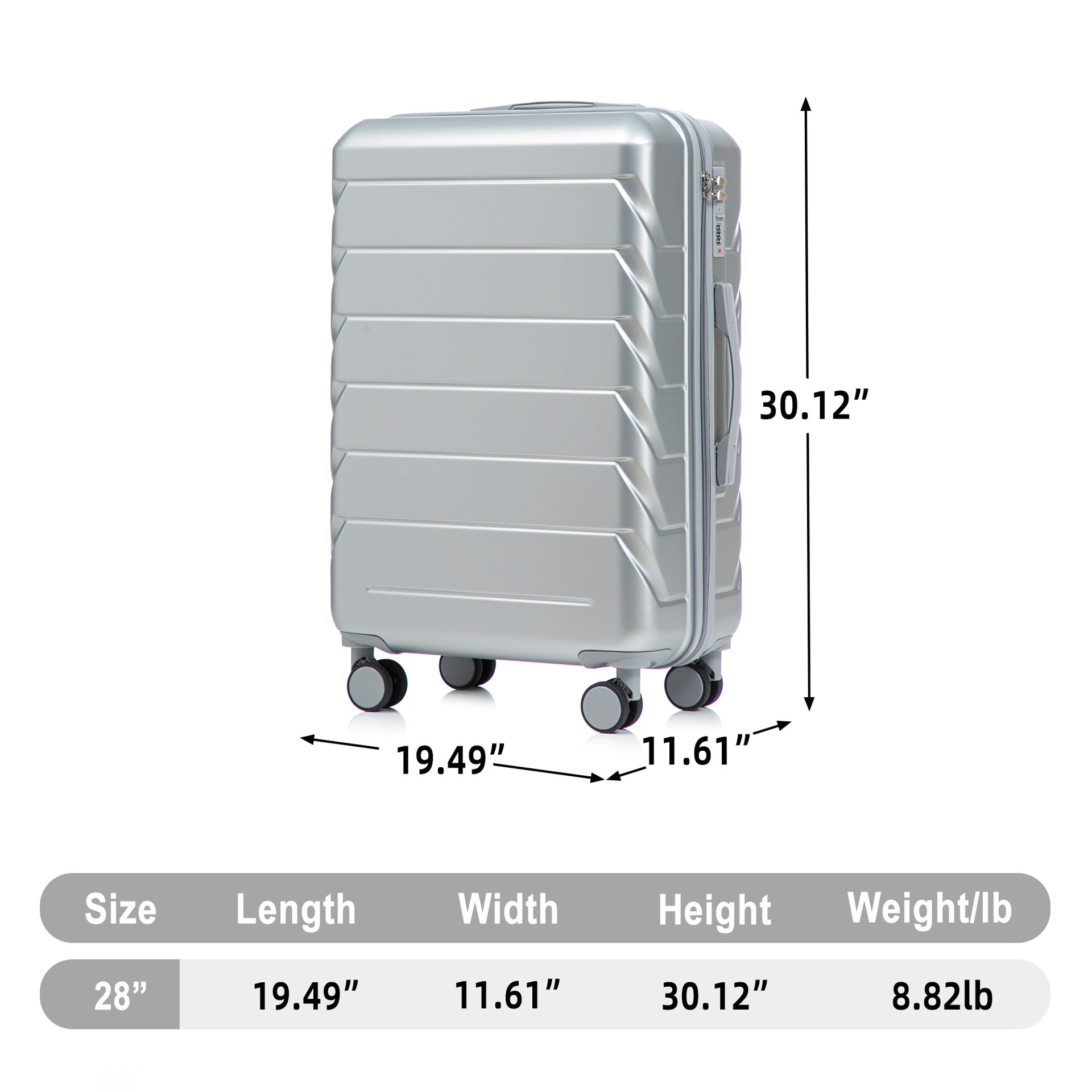 28 Inch ABS Hard Shell Large Travel Checked Luggage - Scratch Resistant Surface Four Multi-Directional Wheels,  With Combination Lock and Side Hooks .(Silver)