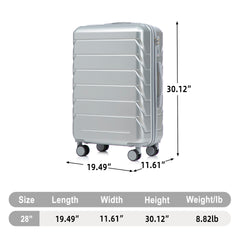 28 Inch ABS Hard Shell Large Travel Checked Luggage - Scratch Resistant Surface Four Multi-Directional Wheels,  With Combination Lock and Side Hooks .(Silver)