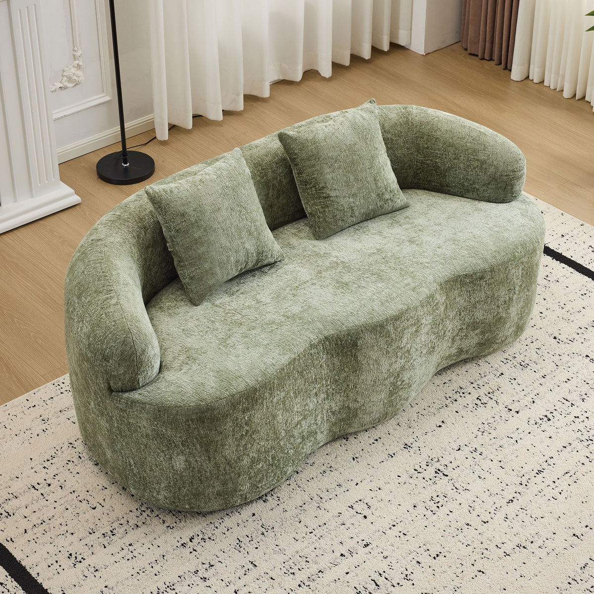 Green Curved Loveseat Sofa with Round Armrest, Compression Couch with 2 Pillows, Cream Couch for Small Space, Living Room, Bedroom, No Assembly