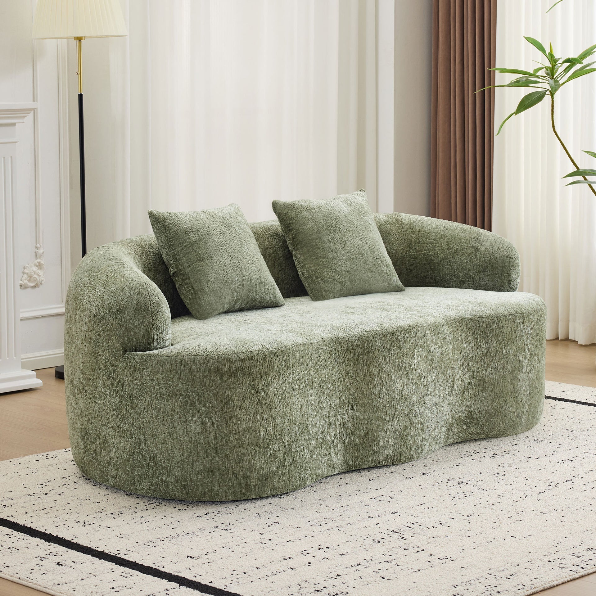 Green Curved Loveseat Sofa with Round Armrest, Compression Couch with 2 Pillows, Cream Couch for Small Space, Living Room, Bedroom, No Assembly