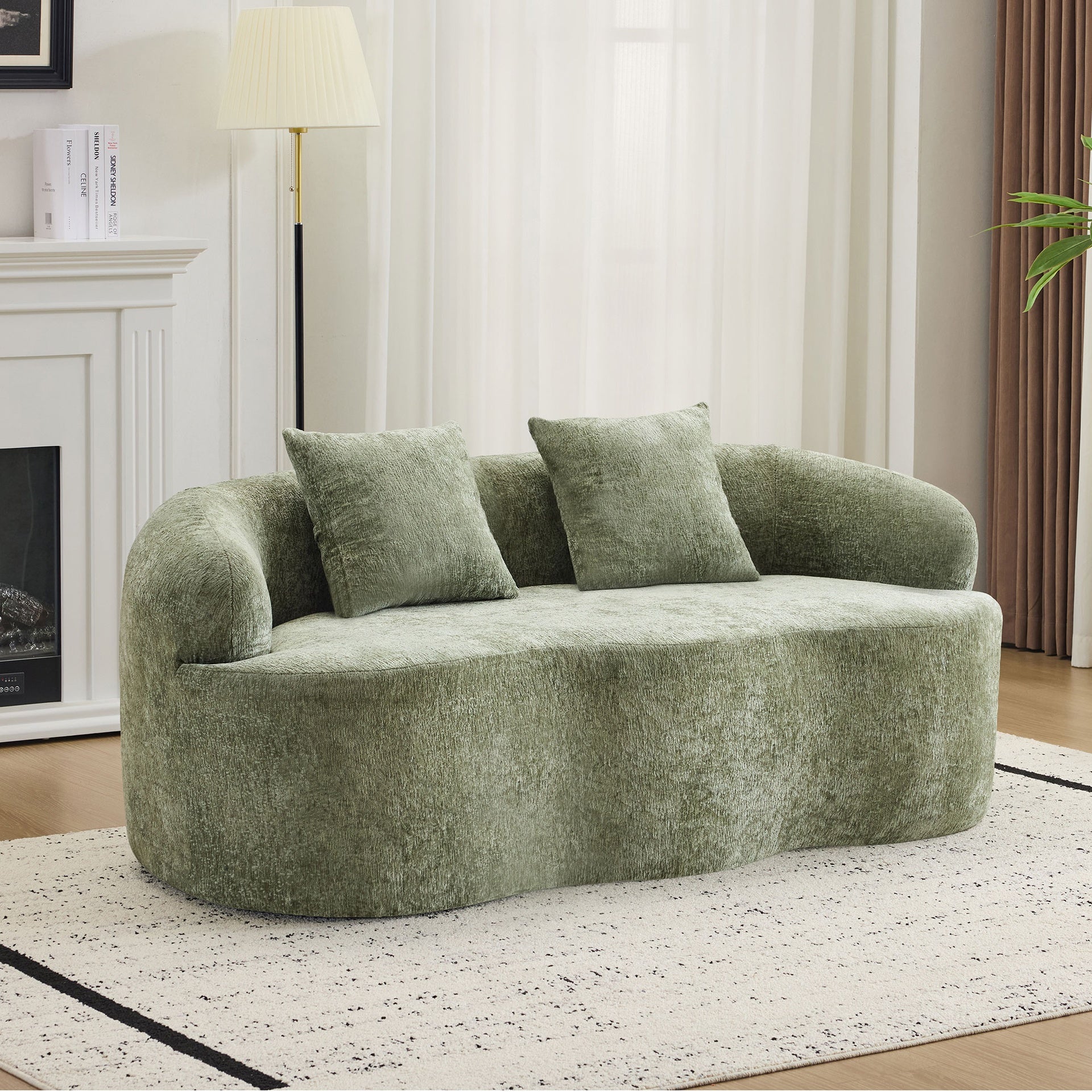 Green Curved Loveseat Sofa with Round Armrest, Compression Couch with 2 Pillows, Cream Couch for Small Space, Living Room, Bedroom, No Assembly