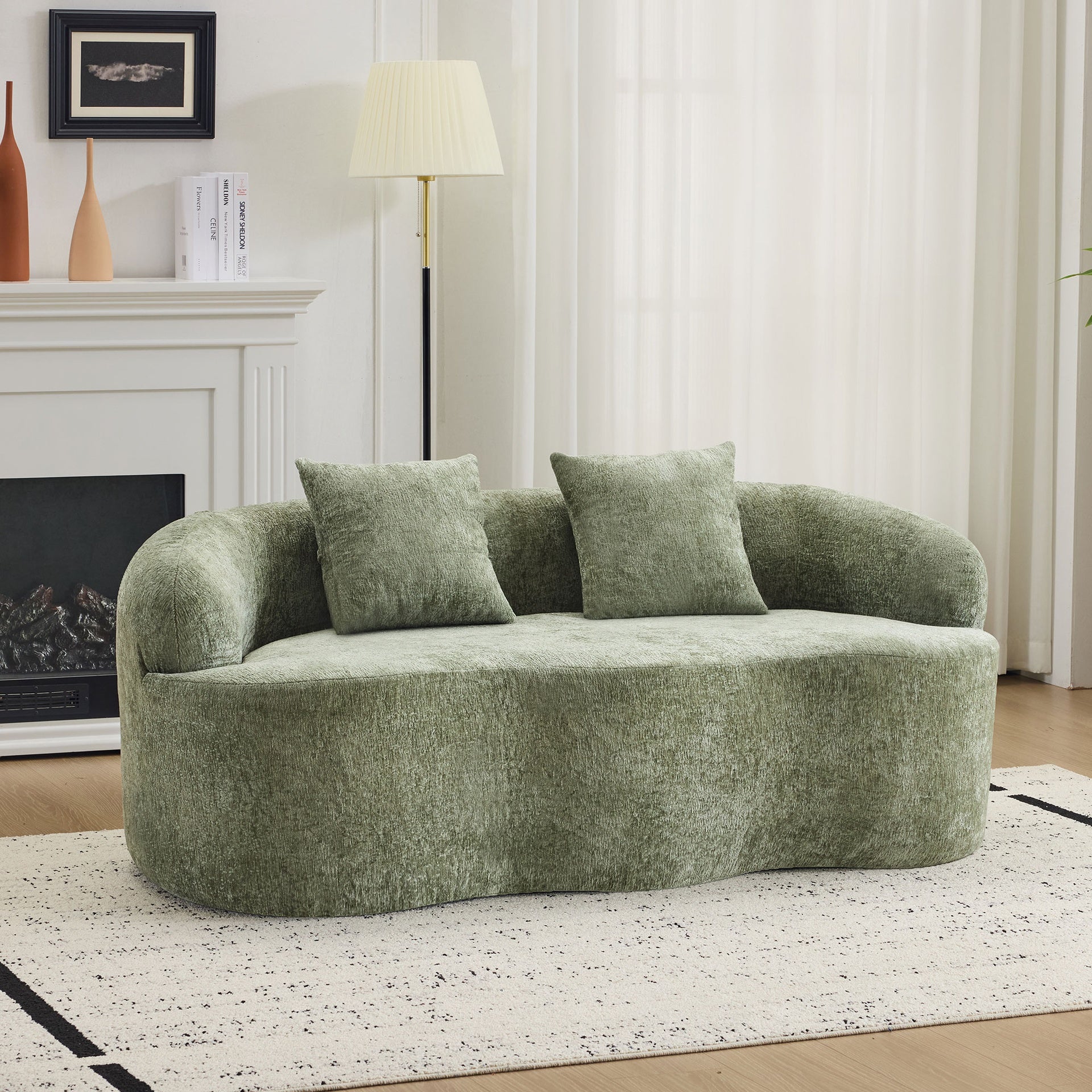 Green Curved Loveseat Sofa with Round Armrest, Compression Couch with 2 Pillows, Cream Couch for Small Space, Living Room, Bedroom, No Assembly