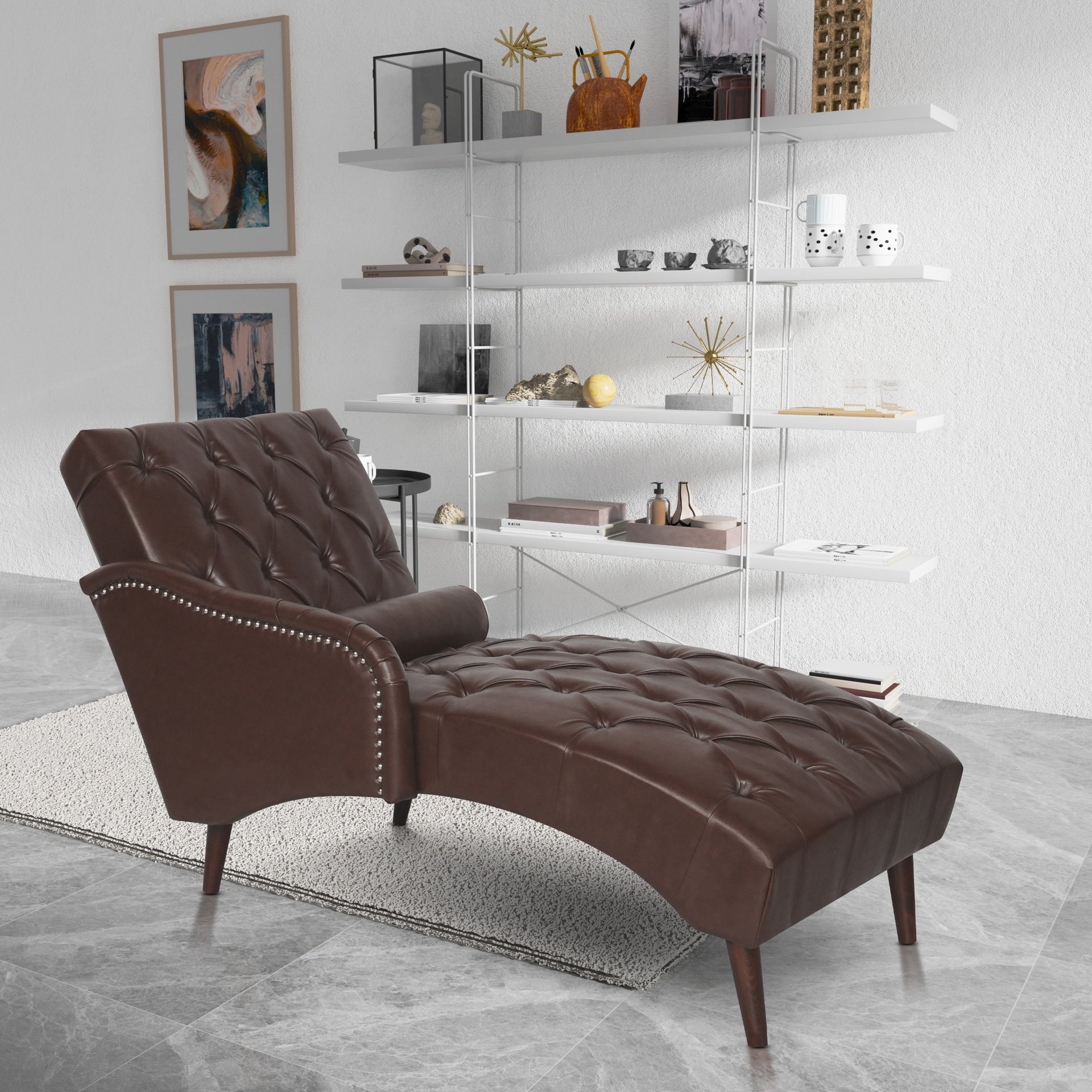 Chaise Lounge Arm Chair Indoor with Pillow and Solid Wood Legs, Leisure Accent Soft Chair with Tufted Back and Arm,Upholstered Chaise Couch Chair for Living Room, Bedroom,Dark Brown PU